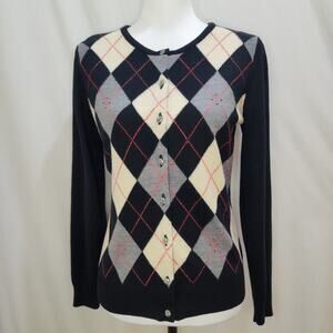 New York & Company Black White Gray Argyle Beaded Rhinestone Cardigan Sweater, M